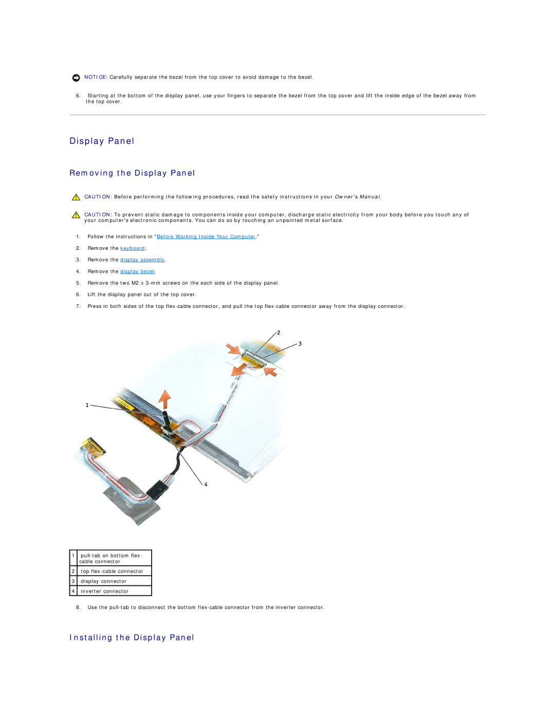 Dell 1150 manual Removing the Display Panel, Installing the Display Panel 