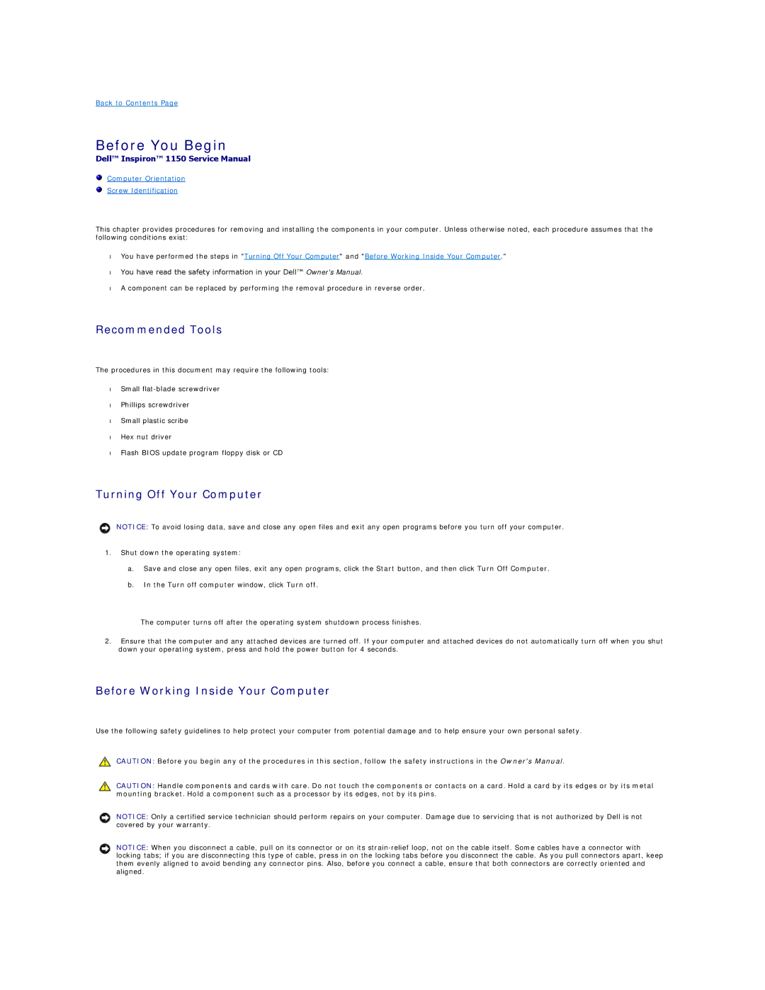 Dell 1150 manual Before You Begin, Recommended Tools, Turning Off Your Computer, Before Working Inside Your Computer 