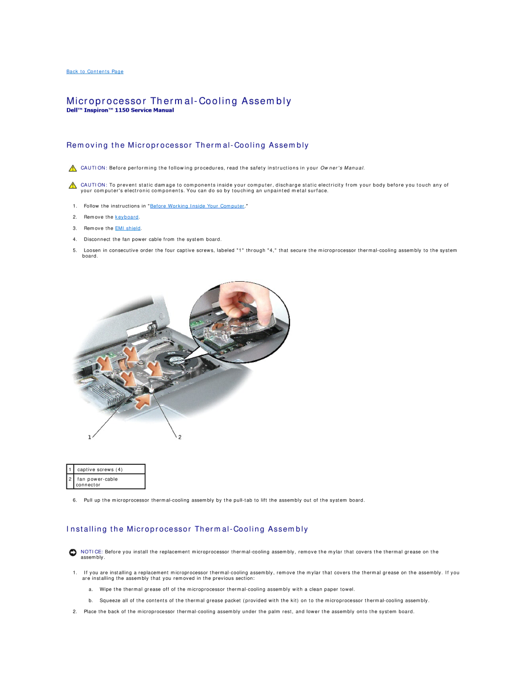 Dell 1150 Removing the Microprocessor Thermal-Cooling Assembly, Installing the Microprocessor Thermal-Cooling Assembly 