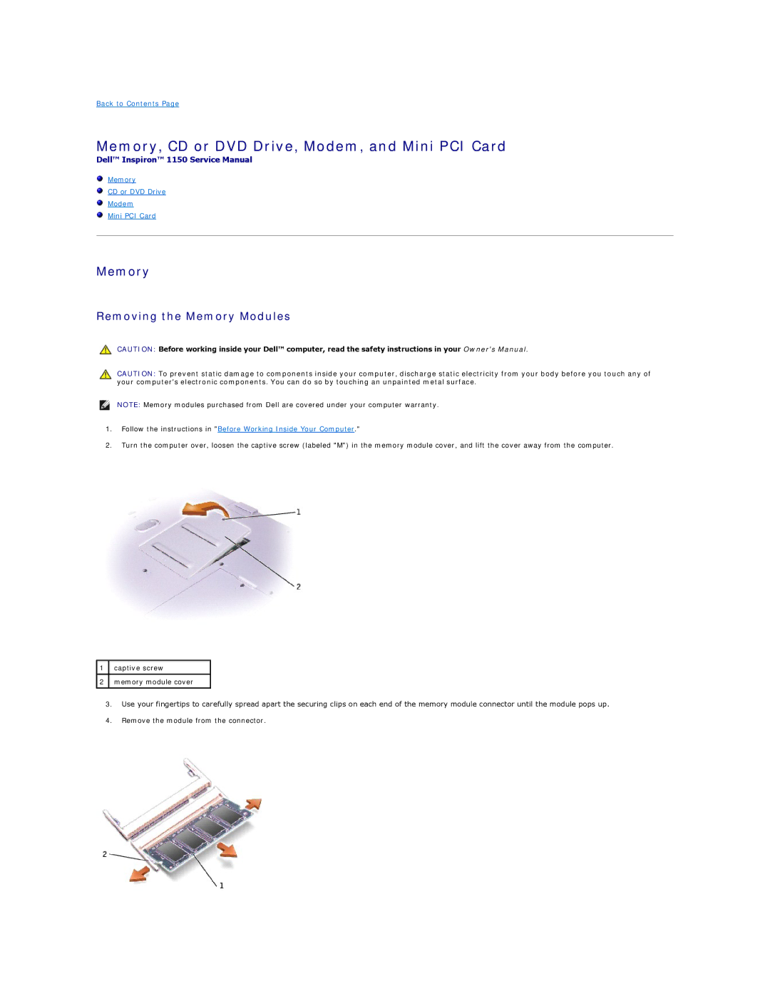 Dell 1150 manual Memory, CD or DVD Drive, Modem, and Mini PCI Card, Removing the Memory Modules 