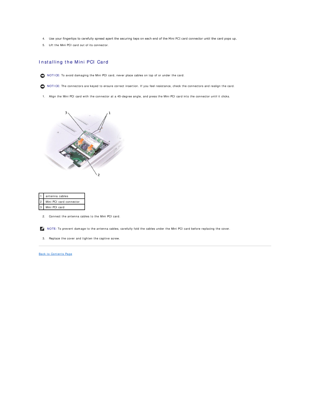 Dell 1150 manual Installing the Mini PCI Card, Back to Contents 