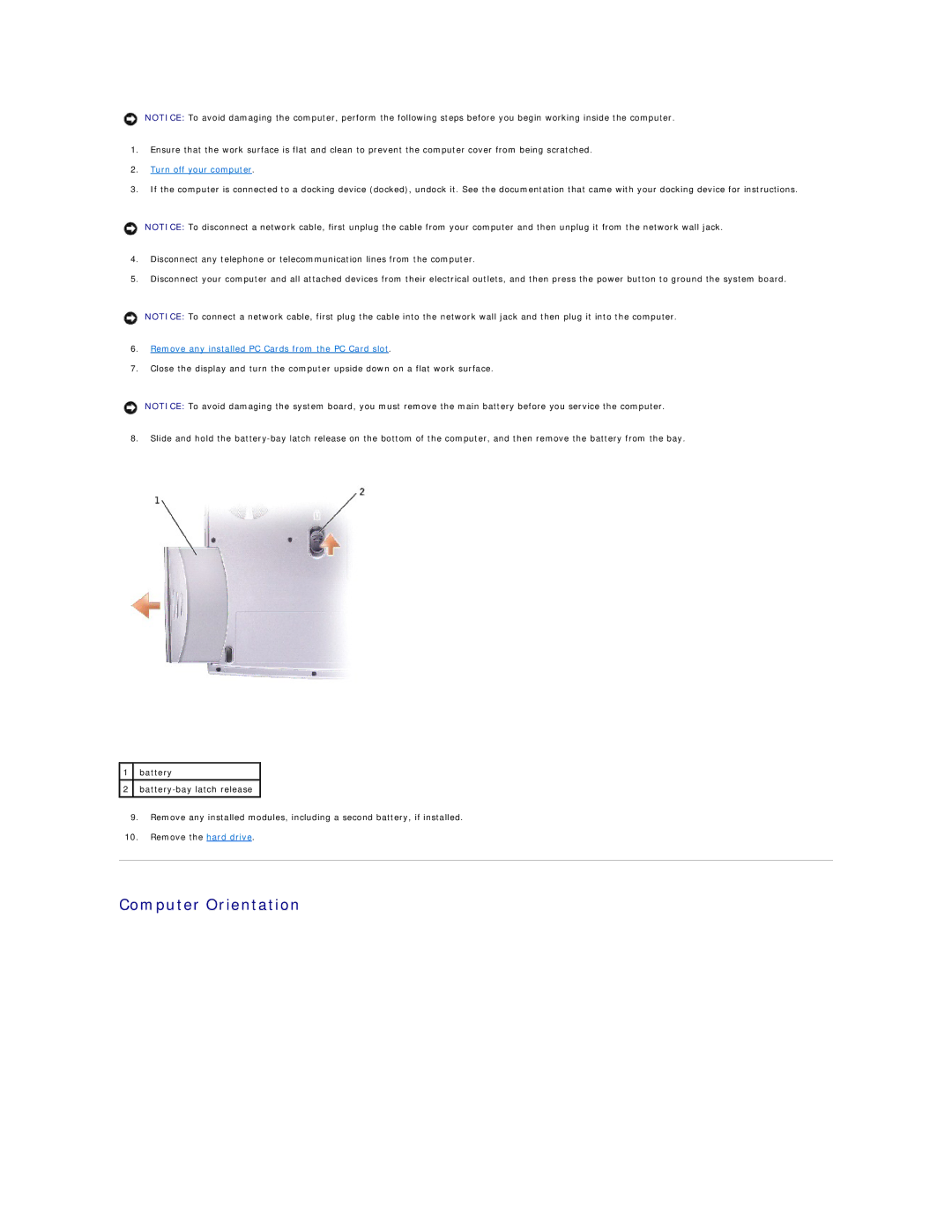 Dell 1150 manual Computer Orientation, Turn off your computer, Remove any installed PC Cards from the PC Card slot 