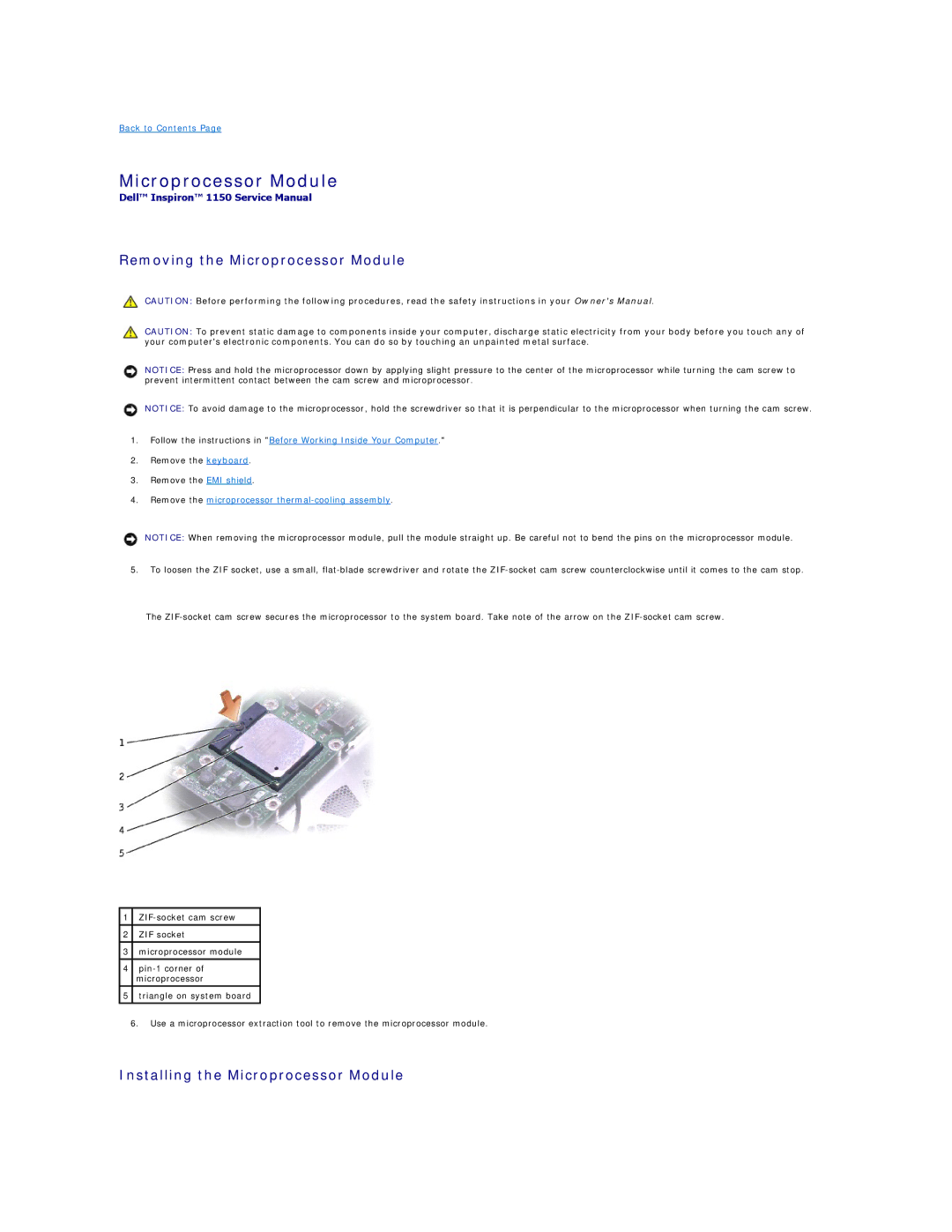 Dell 1150 manual Removing the Microprocessor Module, Installing the Microprocessor Module 
