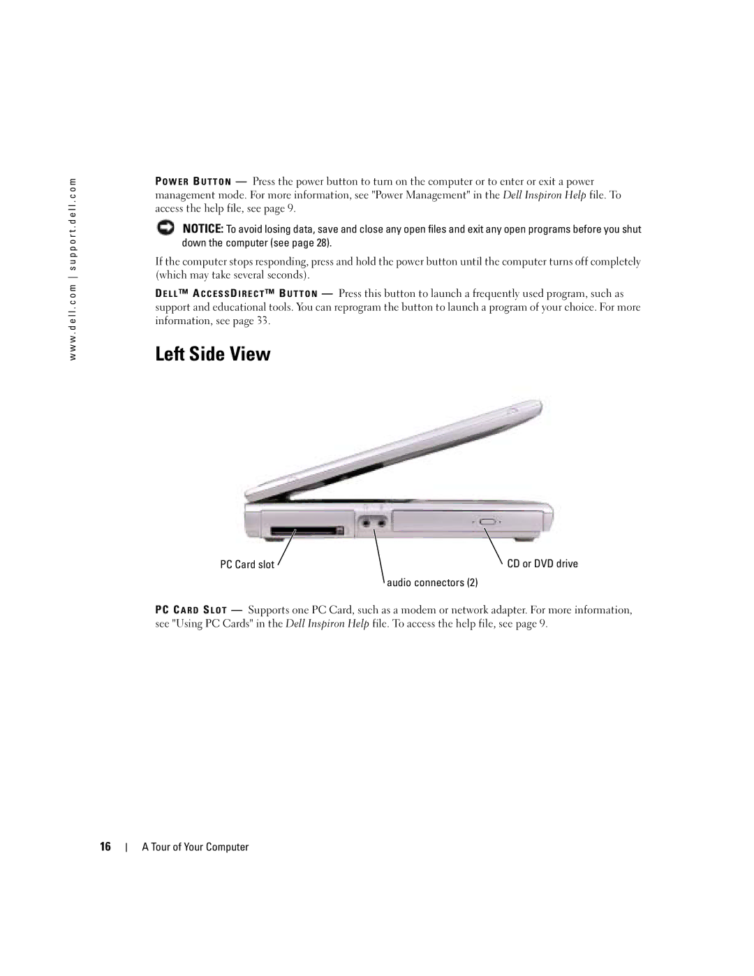 Dell 1150 owner manual Left Side View, PC Card slot CD or DVD drive Audio connectors 