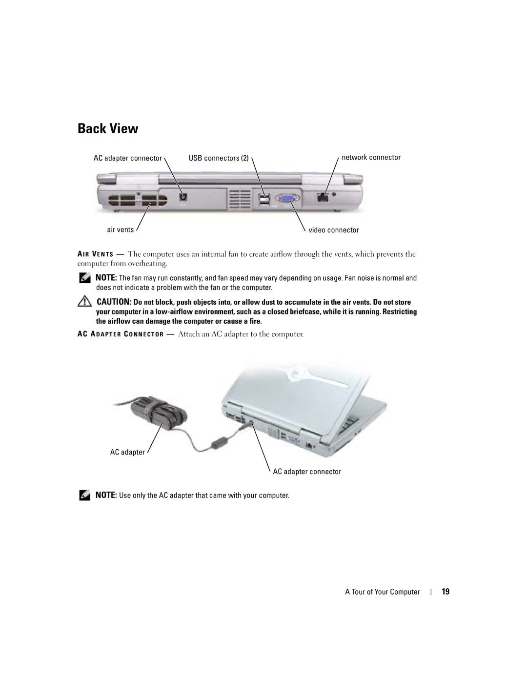 Dell 1150 owner manual Back View, AC adapter AC adapter connector Tour of Your Computer 