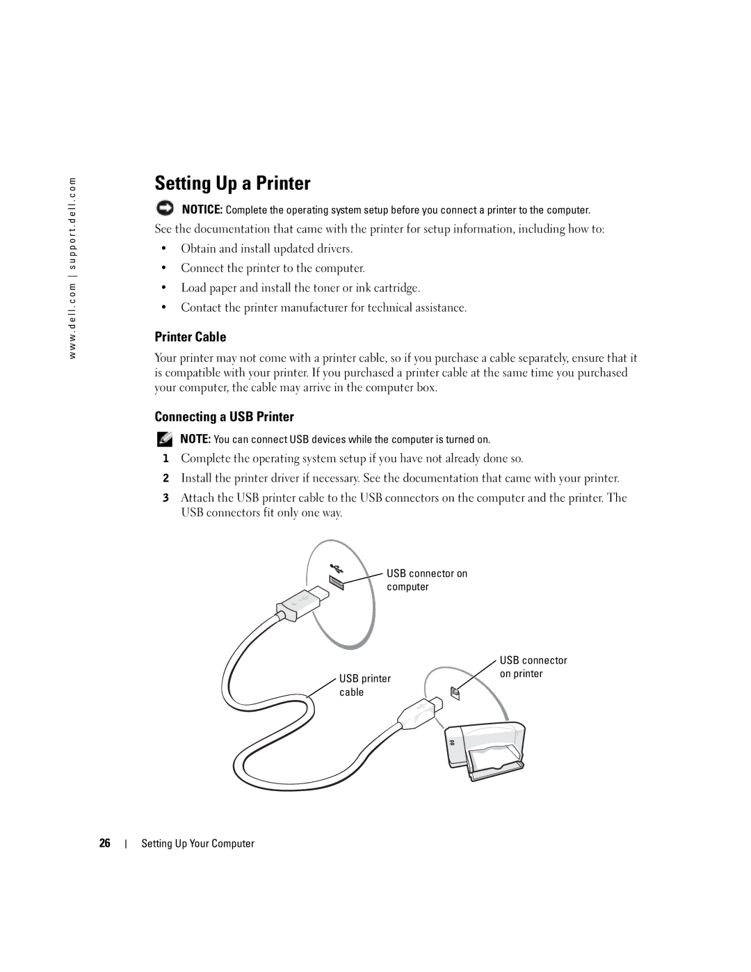 Dell 1150 owner manual Setting Up a Printer, Printer Cable, Connecting a USB Printer 