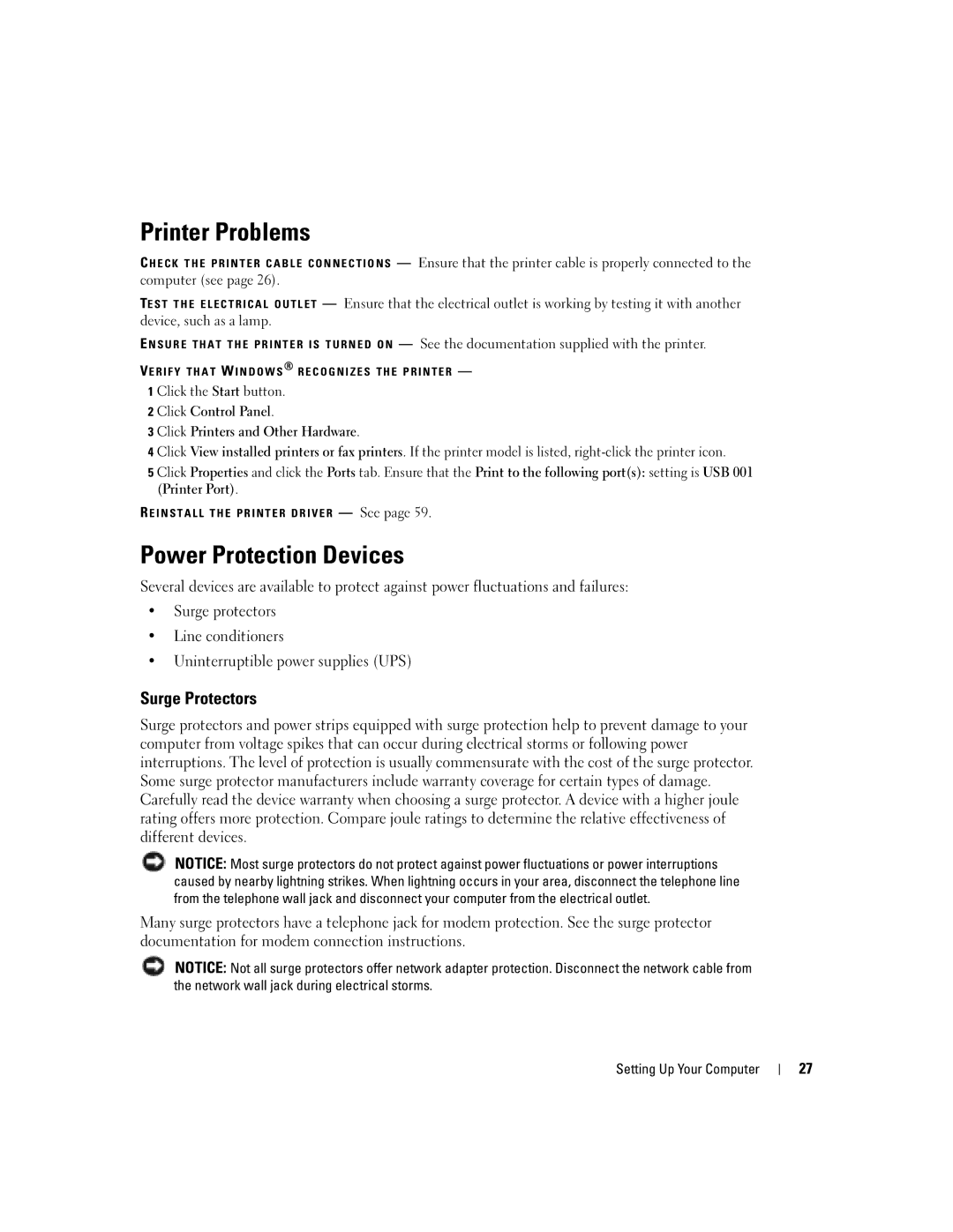 Dell 1150 owner manual Printer Problems, Power Protection Devices, Surge Protectors 