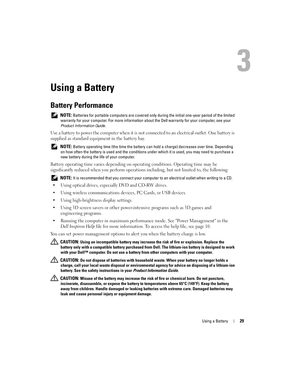 Dell 1150 owner manual Using a Battery, Battery Performance 