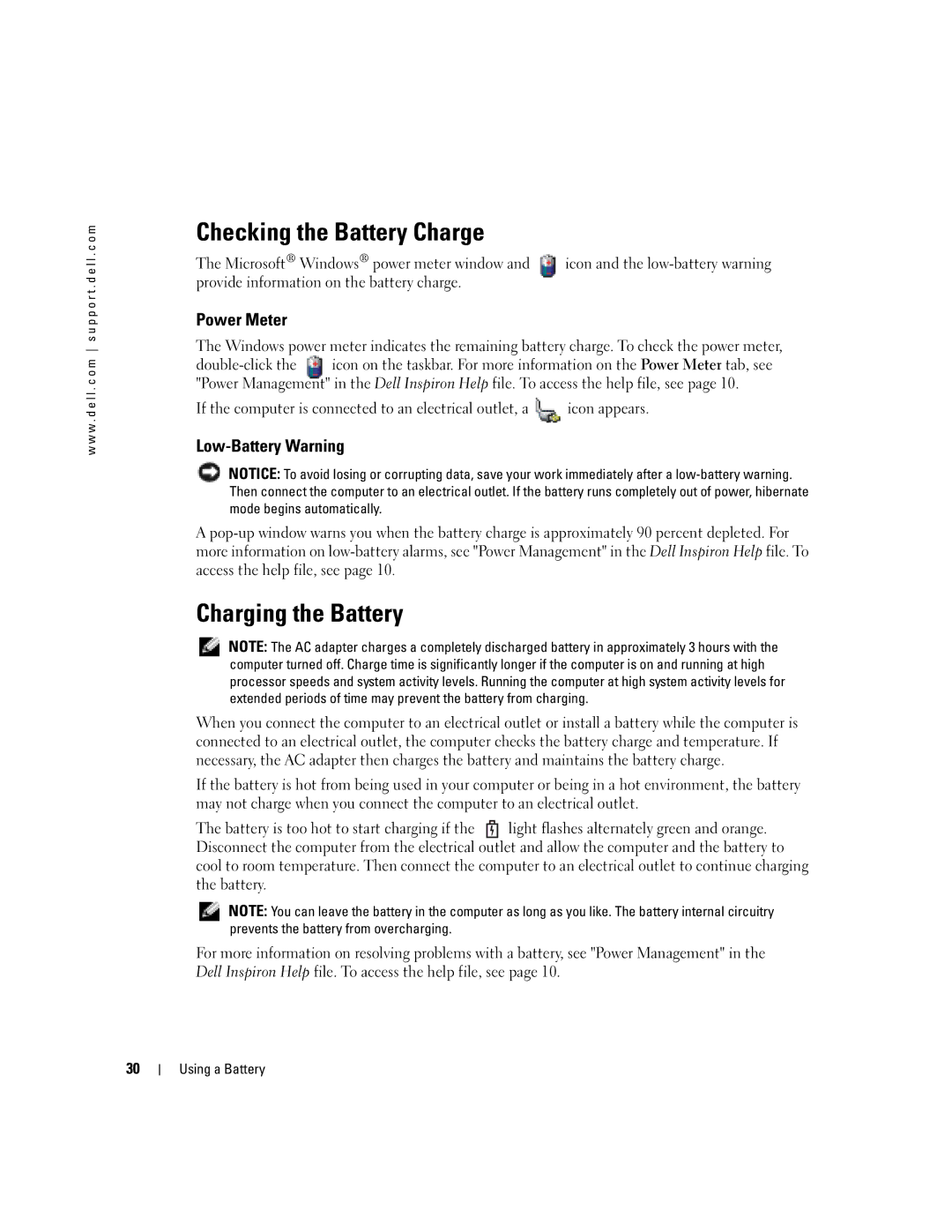 Dell 1150 owner manual Checking the Battery Charge, Charging the Battery, Power Meter, Low-Battery Warning 