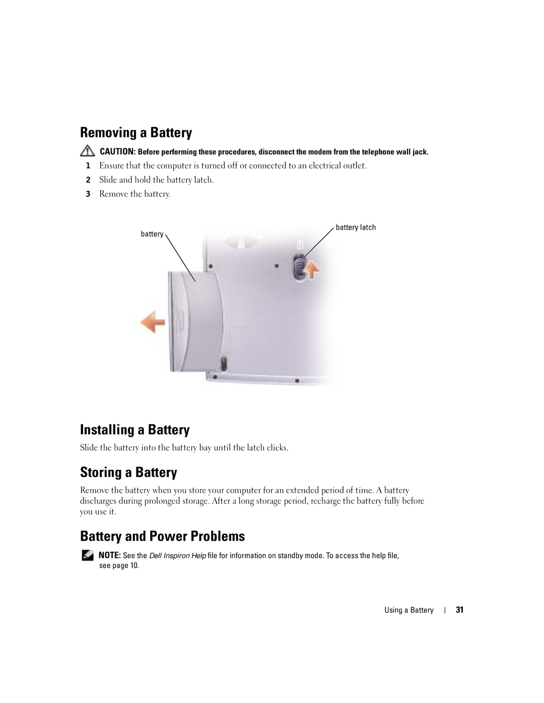 Dell 1150 owner manual Removing a Battery, Installing a Battery, Storing a Battery, Battery and Power Problems 