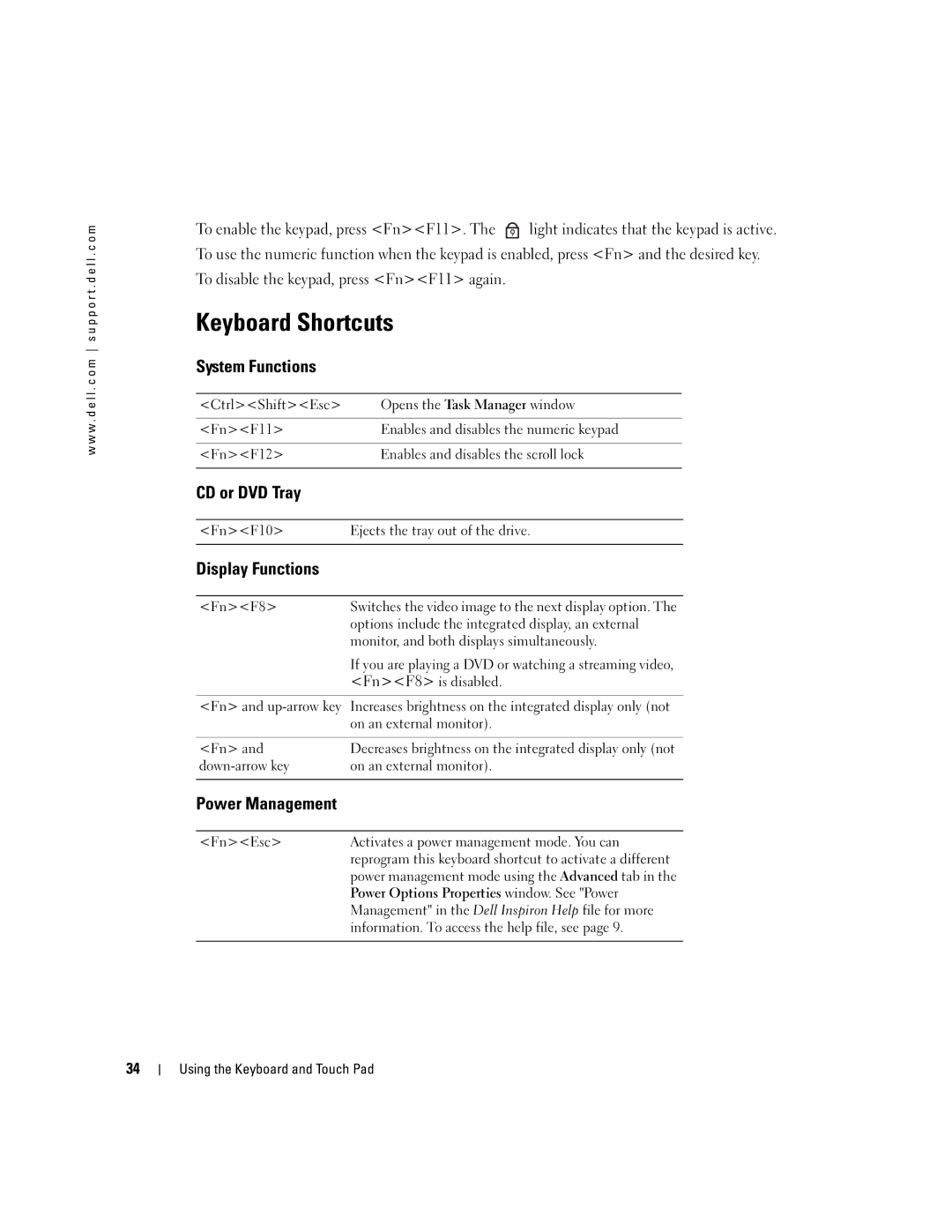 Dell 1150 owner manual Keyboard Shortcuts, System Functions, CD or DVD Tray, Display Functions, Power Management 