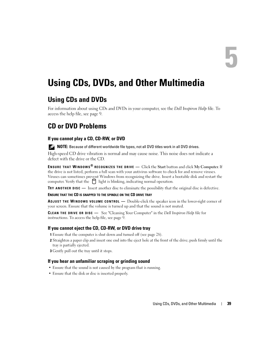 Dell 1150 owner manual Using CDs, DVDs, and Other Multimedia, Using CDs and DVDs, CD or DVD Problems 