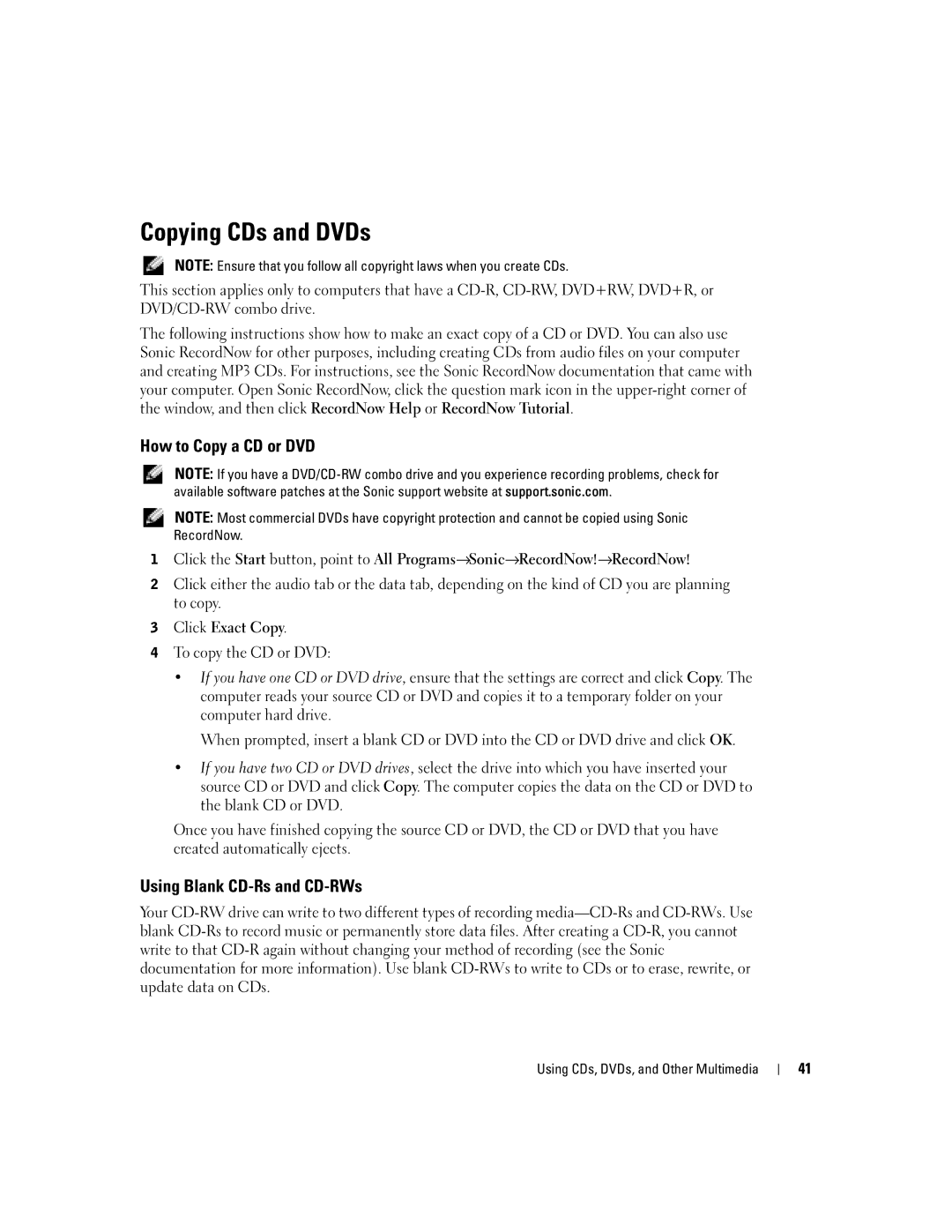 Dell 1150 owner manual Copying CDs and DVDs, How to Copy a CD or DVD, Using Blank CD-Rs and CD-RWs 