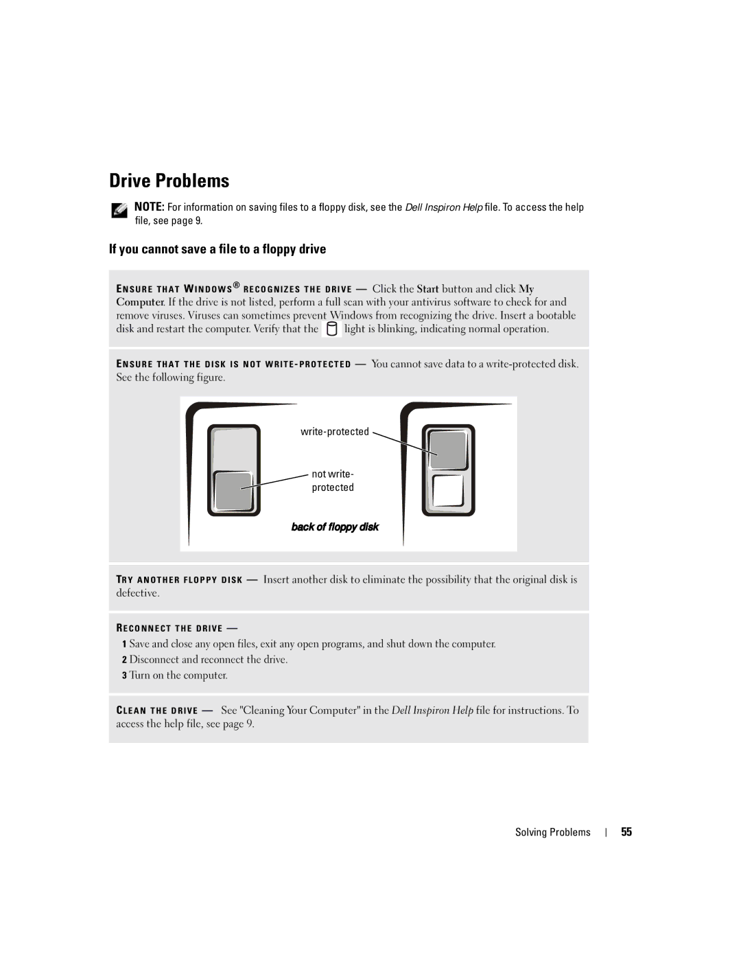 Dell 1150 owner manual Drive Problems, If you cannot save a file to a floppy drive 