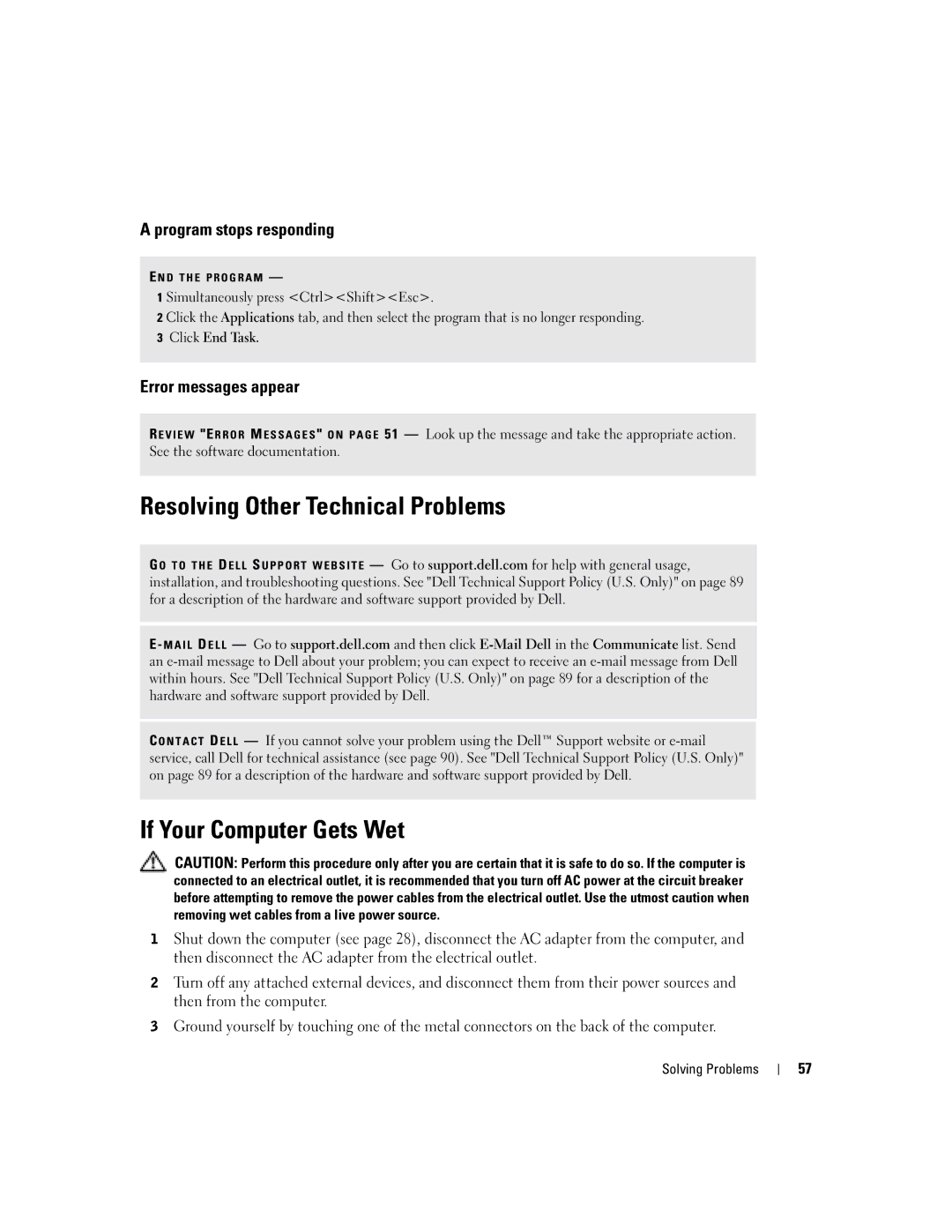 Dell 1150 Resolving Other Technical Problems, If Your Computer Gets Wet, Program stops responding, Error messages appear 