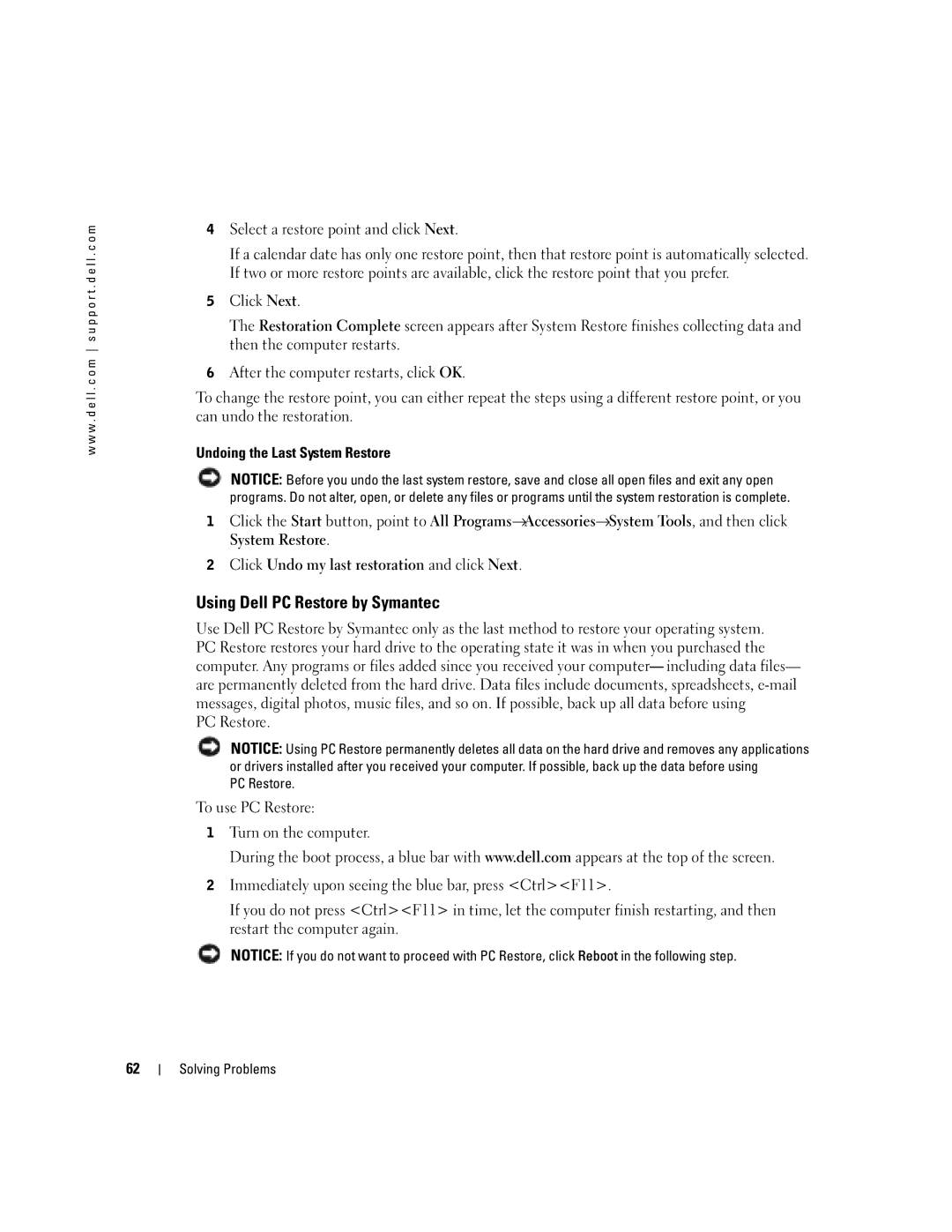 Dell 1150 owner manual Using Dell PC Restore by Symantec, Select a restore point and click Next 