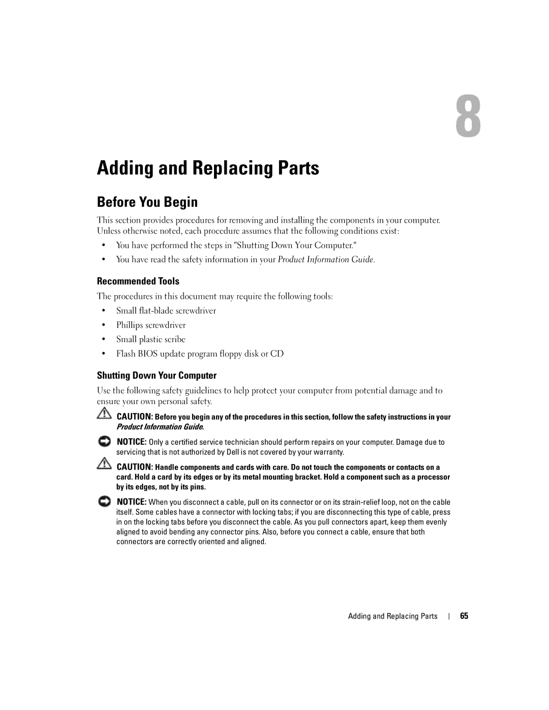 Dell 1150 owner manual Adding and Replacing Parts, Before You Begin, Recommended Tools, Shutting Down Your Computer 