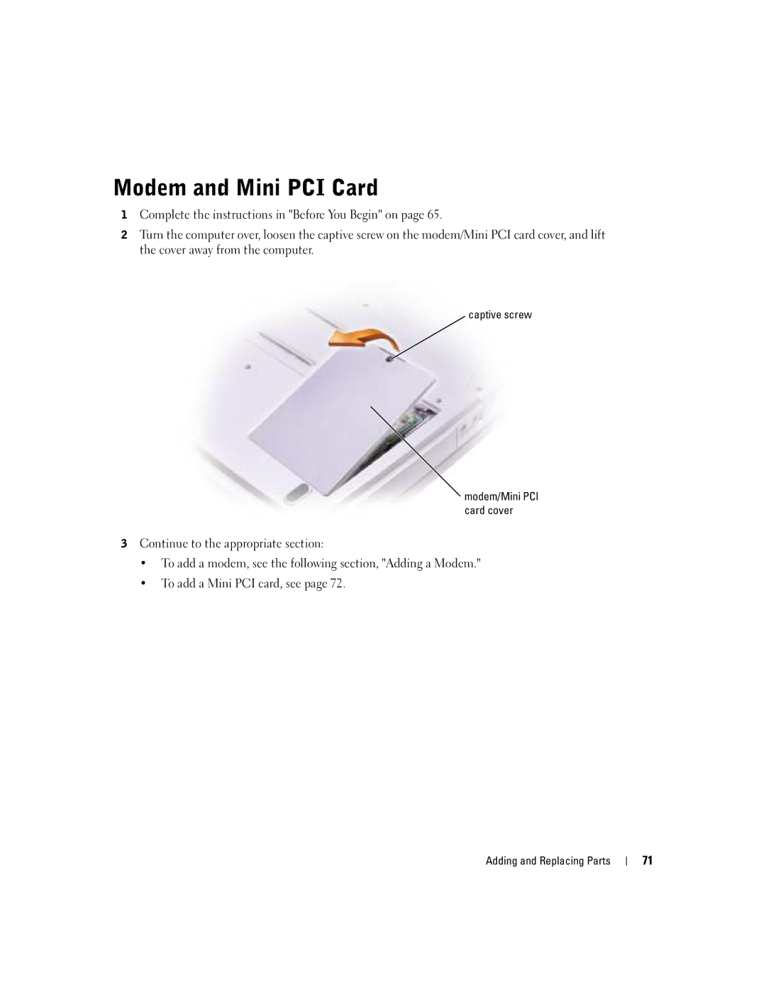 Dell 1150 owner manual Modem and Mini PCI Card 