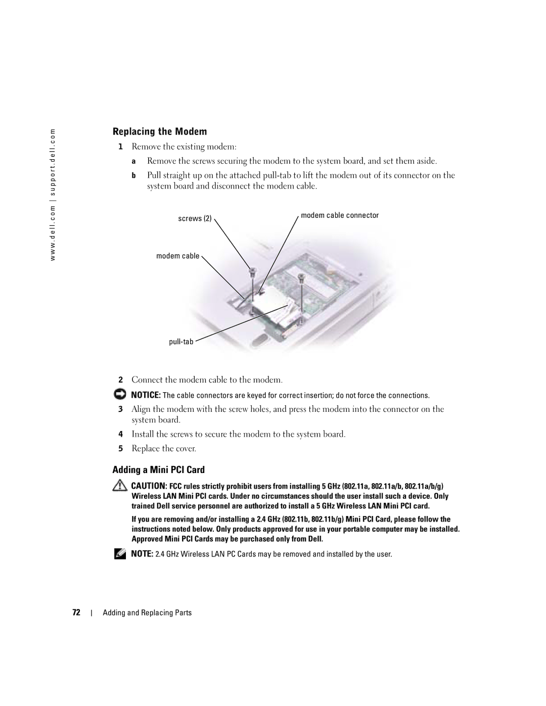 Dell 1150 owner manual Replacing the Modem, Adding a Mini PCI Card 