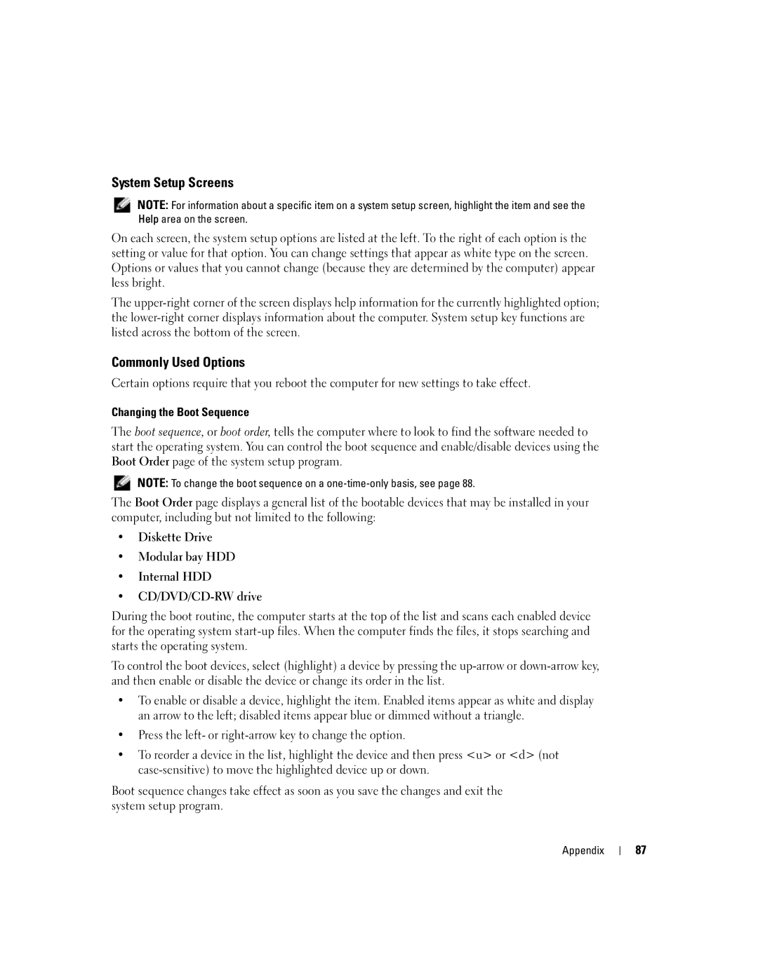 Dell 1150 owner manual System Setup Screens, Commonly Used Options 