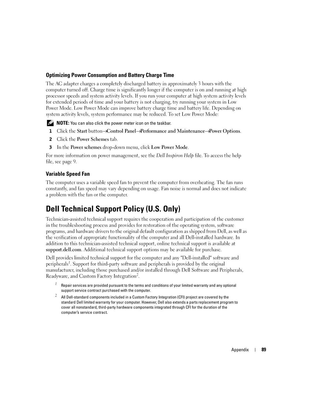 Dell 1150 owner manual Dell Technical Support Policy U.S. Only, Optimizing Power Consumption and Battery Charge Time 