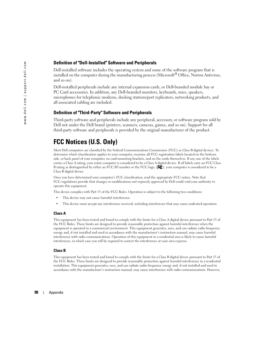 Dell 1150 owner manual FCC Notices U.S. Only, Definition of Dell-Installed Software and Peripherals, Class a Class B 