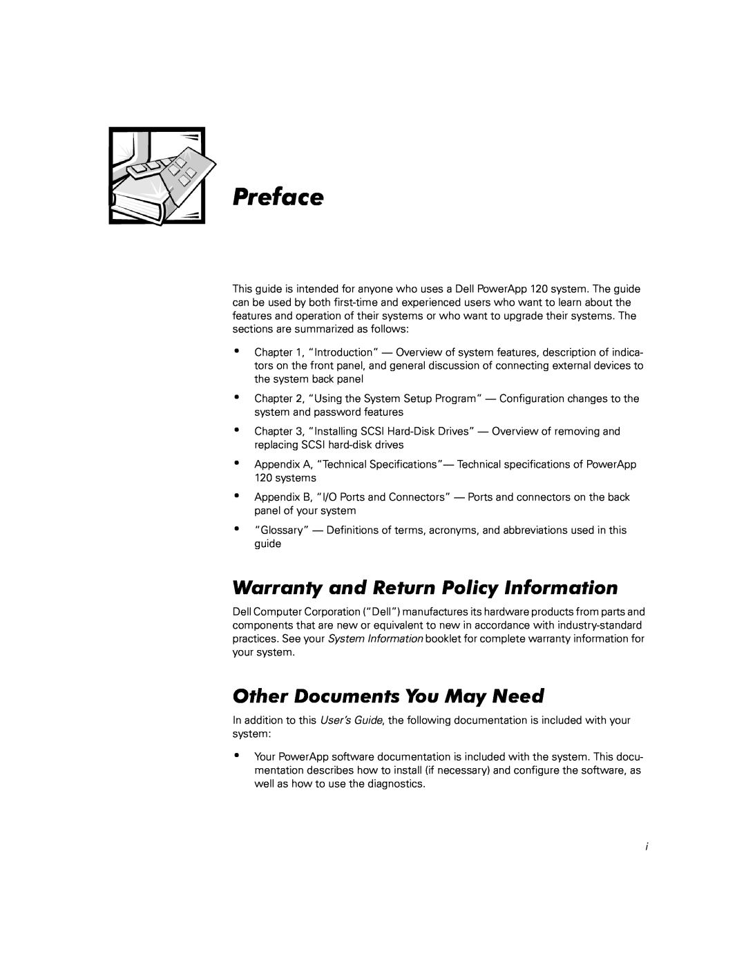 Dell 120 warranty Warranty and Return Policy Information, Other Documents You May Need, Preface 
