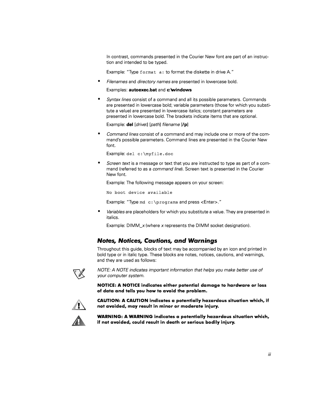 Dell 120 warranty Notes, Notices, Cautions, and Warnings, Example del drive path filename /p 