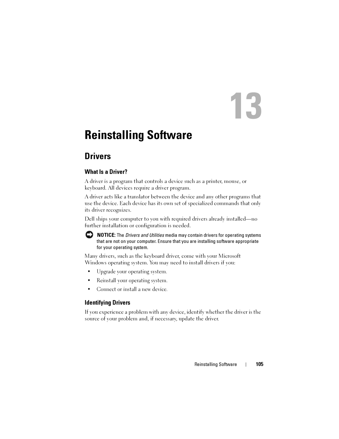 Dell 1200 owner manual Reinstalling Software, What Is a Driver?, Identifying Drivers, 105 