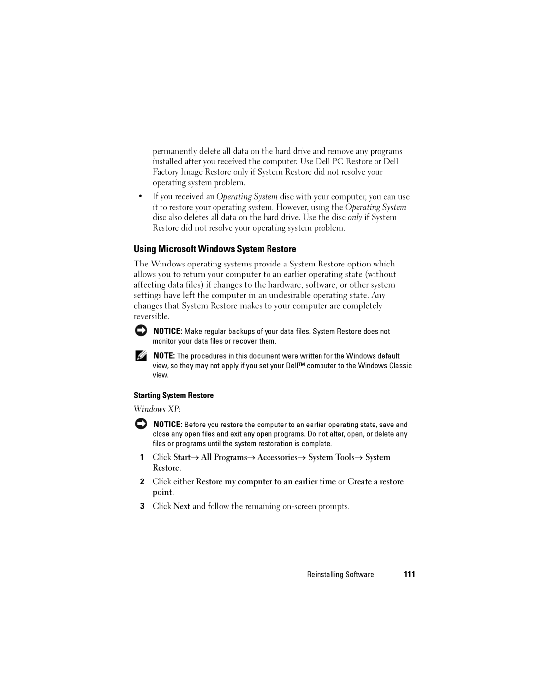 Dell 1200 owner manual Using Microsoft Windows System Restore, Starting System Restore, 111 