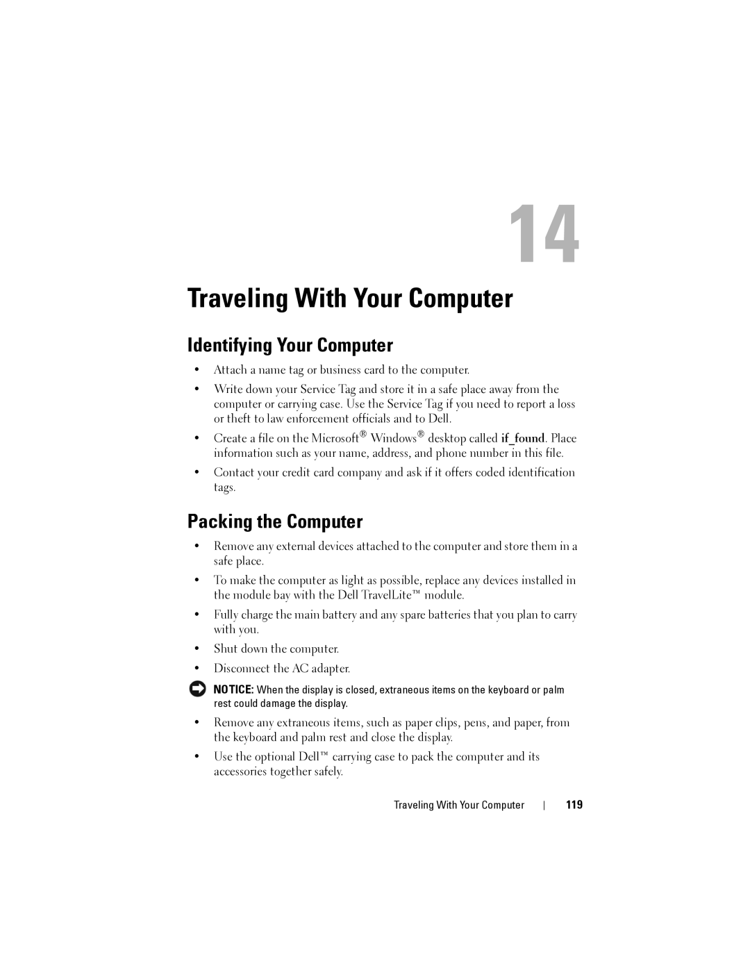 Dell 1200 owner manual Traveling With Your Computer, Identifying Your Computer, Packing the Computer, 119 