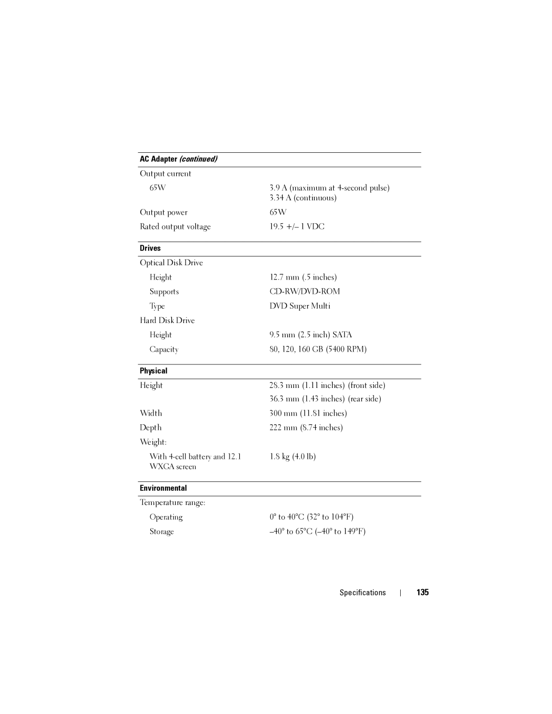 Dell 1200 owner manual 135, Drives, Physical, Environmental 