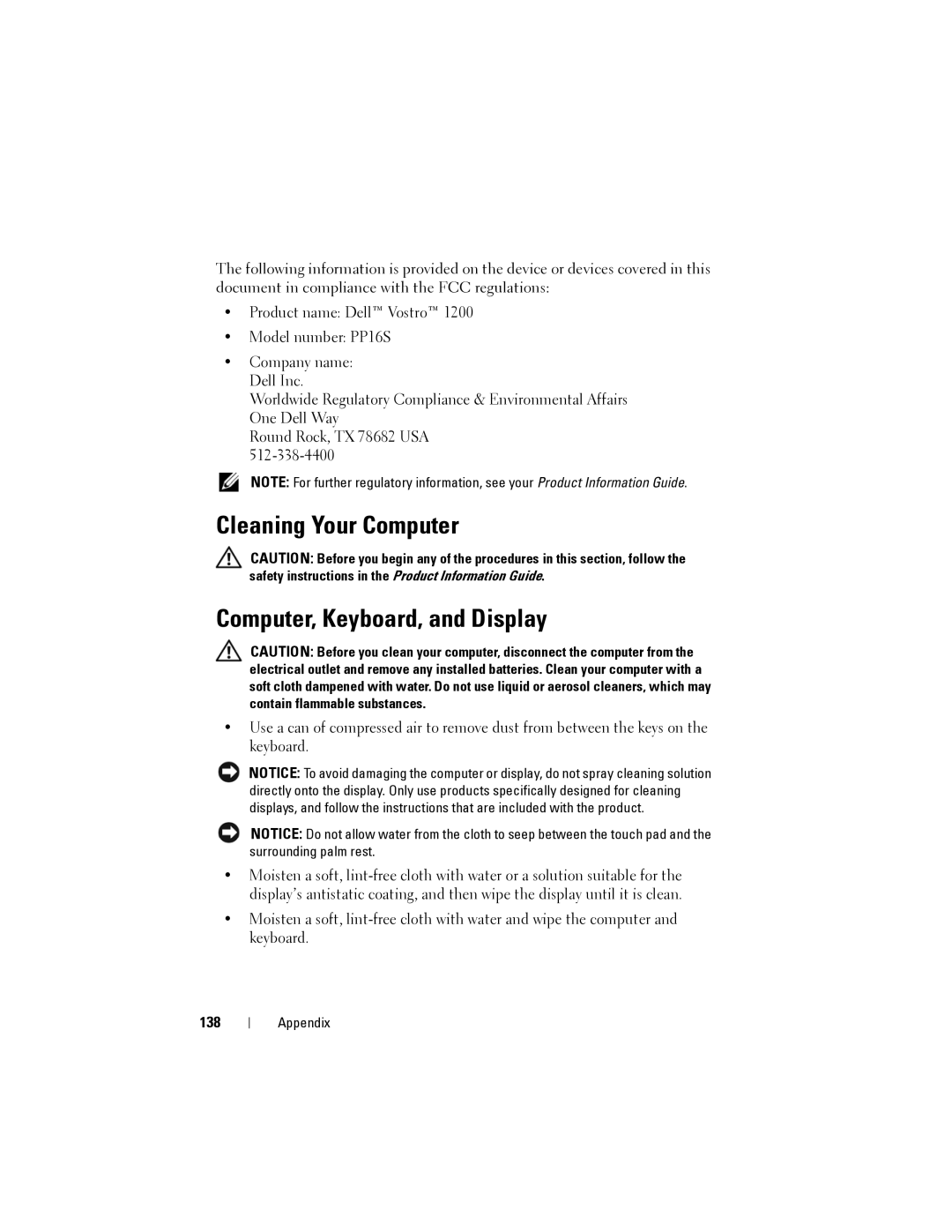 Dell 1200 owner manual Cleaning Your Computer Computer, Keyboard, and Display, 138 