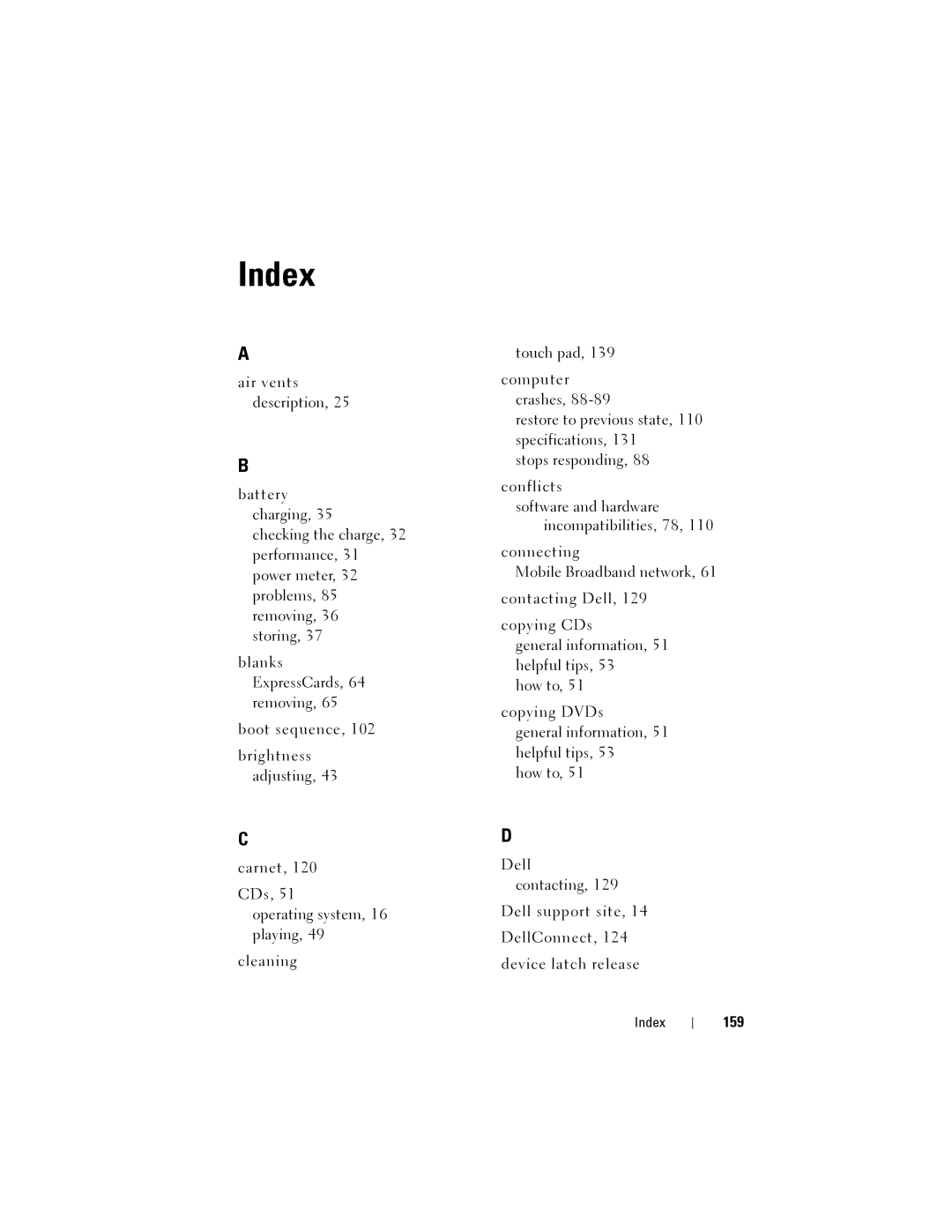 Dell 1200 owner manual Index, 159 