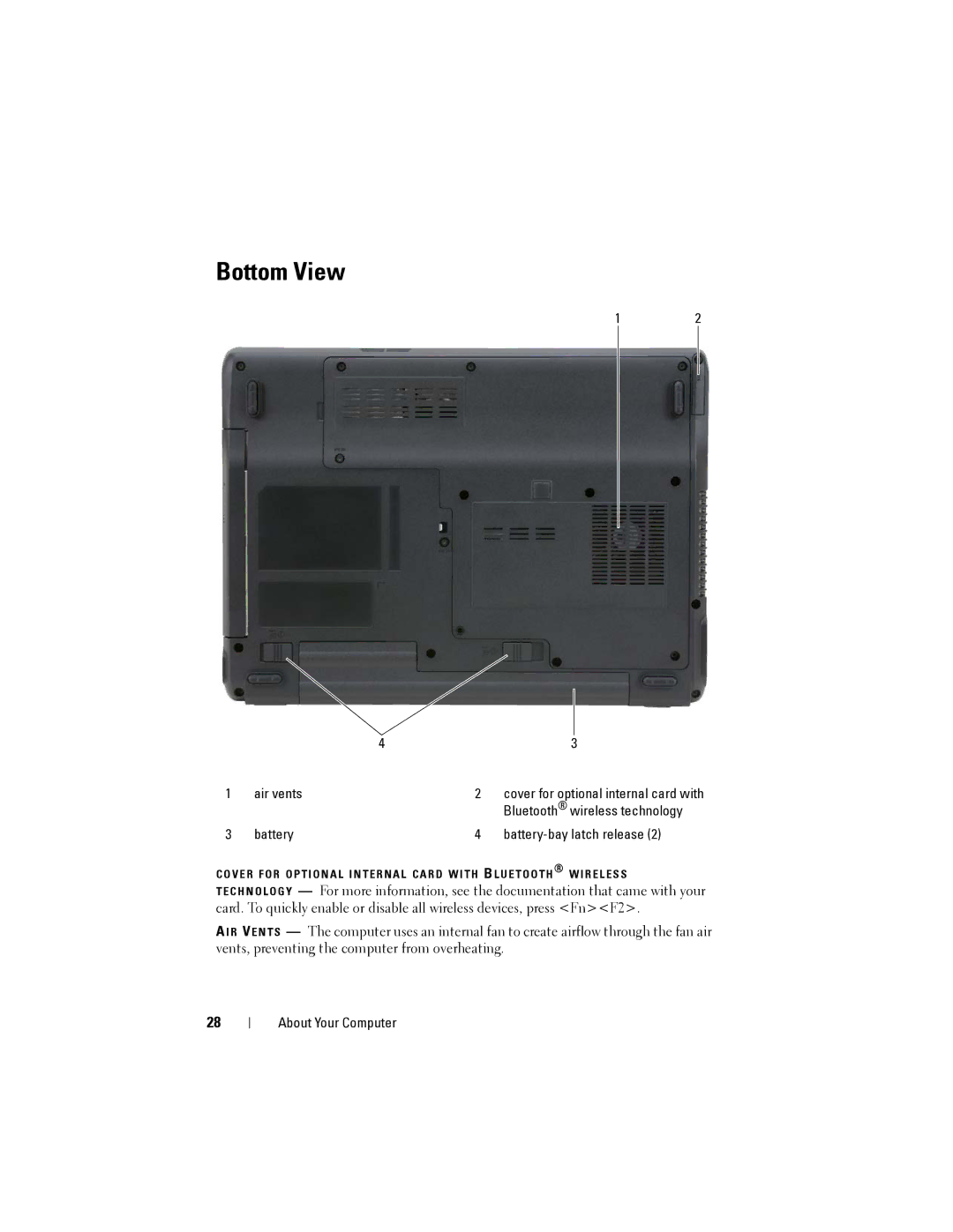 Dell 1200 owner manual Bottom View, Battery Battery-bay latch release 