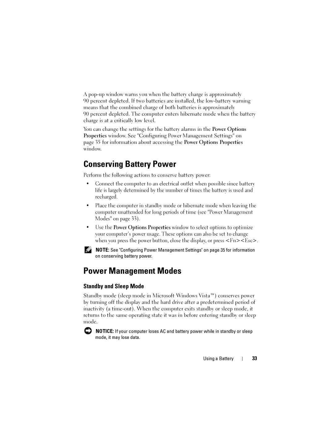 Dell 1200 owner manual Conserving Battery Power, Power Management Modes, Standby and Sleep Mode 