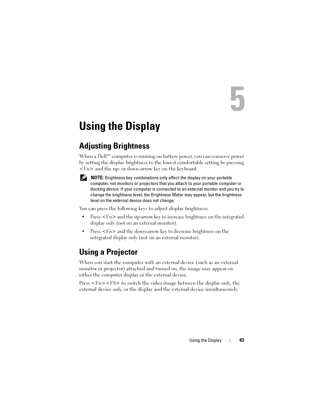 Dell 1200 owner manual Using the Display, Adjusting Brightness, Using a Projector 