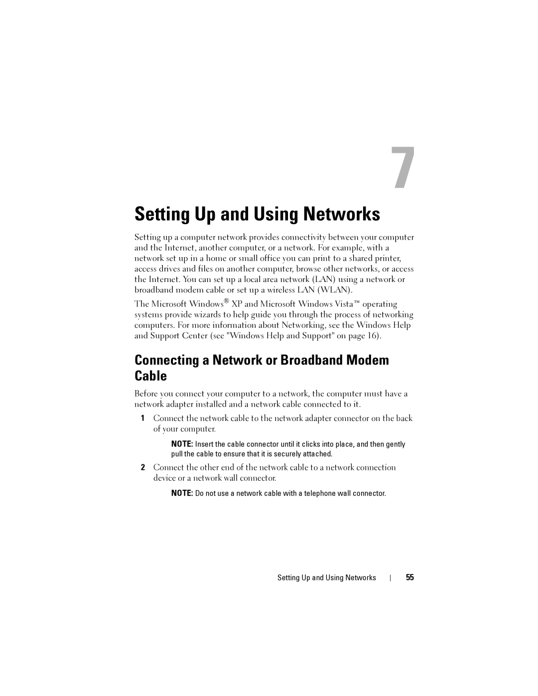 Dell 1200 owner manual Setting Up and Using Networks, Connecting a Network or Broadband Modem Cable 