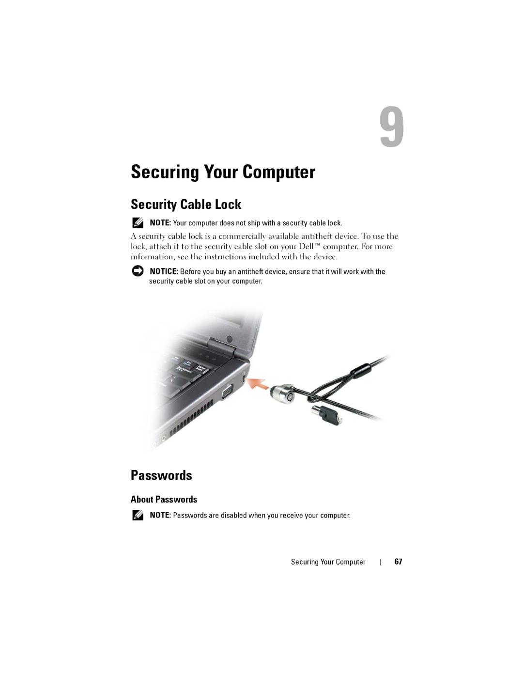 Dell 1200 owner manual Securing Your Computer, Security Cable Lock, About Passwords 