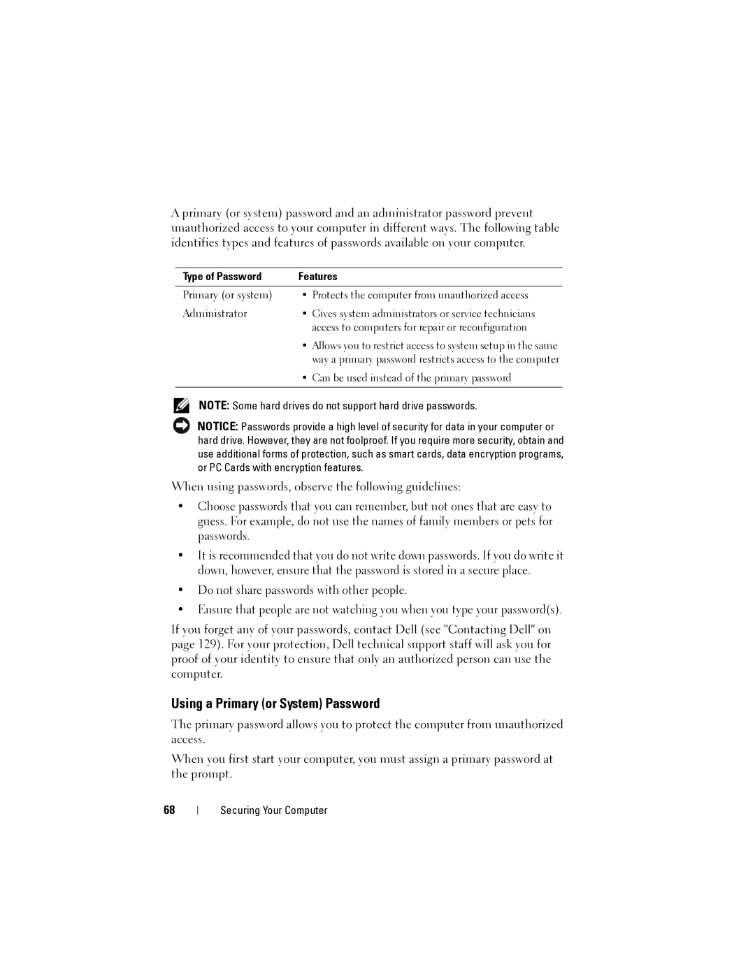 Dell 1200 owner manual Using a Primary or System Password, Type of Password Features 