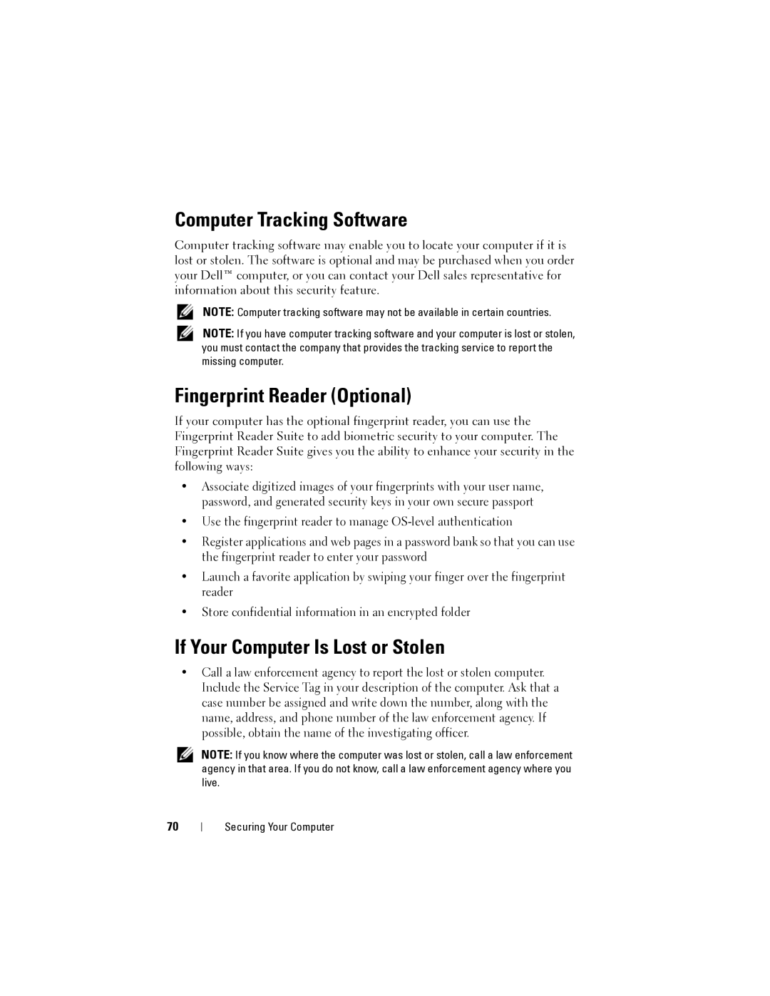 Dell 1200 owner manual Computer Tracking Software, Fingerprint Reader Optional, If Your Computer Is Lost or Stolen 