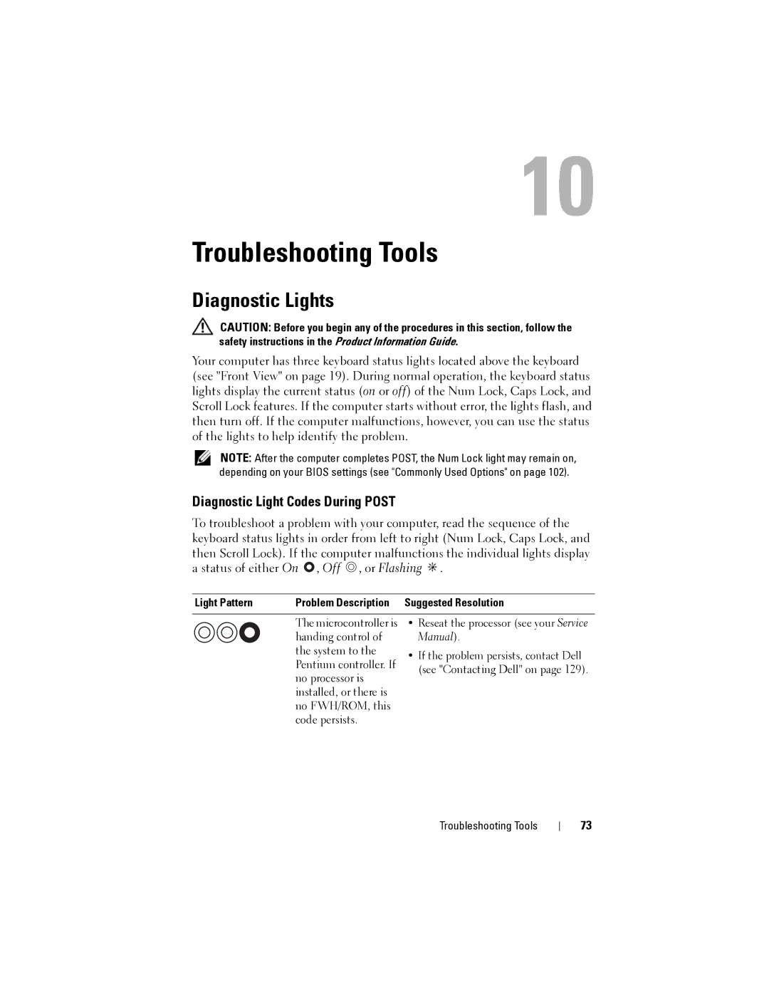 Dell 1200 owner manual Troubleshooting Tools, Diagnostic Lights, Diagnostic Light Codes During Post 