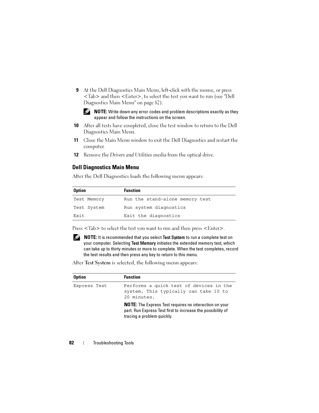 Dell 1200 owner manual Dell Diagnostics Main Menu, Option Function 