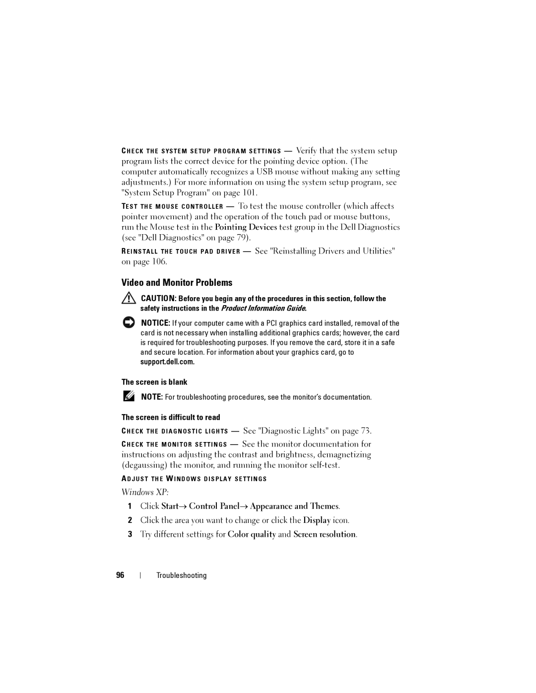 Dell 1200 owner manual Video and Monitor Problems, Screen is blank Screen is difficult to read 