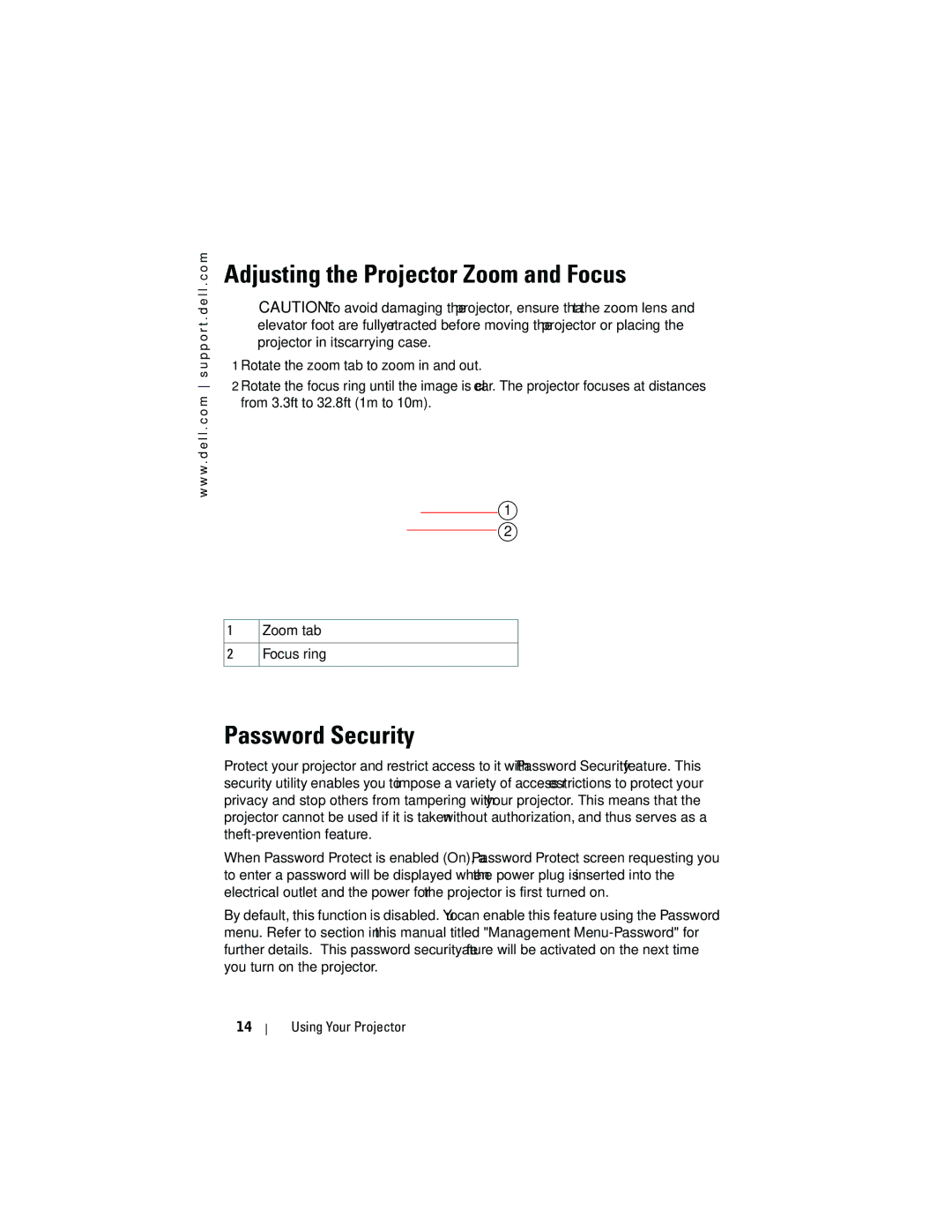 Dell 1200MP owner manual Adjusting the Projector Zoom and Focus, Password Security 