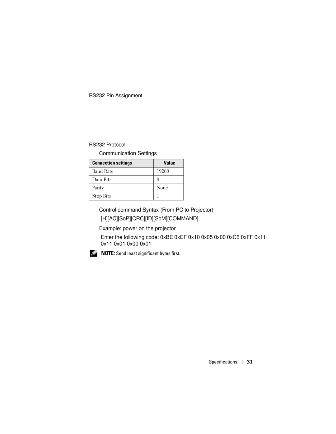 Dell 1200MP owner manual RS232 Pin Assignment RS232 Protocol Communication Settings, Connection settings Value 