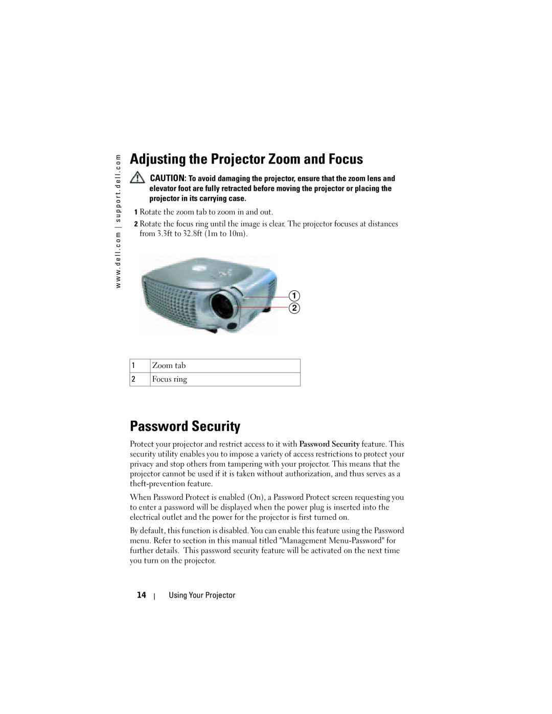 Dell 1200MP owner manual Adjusting the Projector Zoom and Focus, Password Security, Using Your Projector 