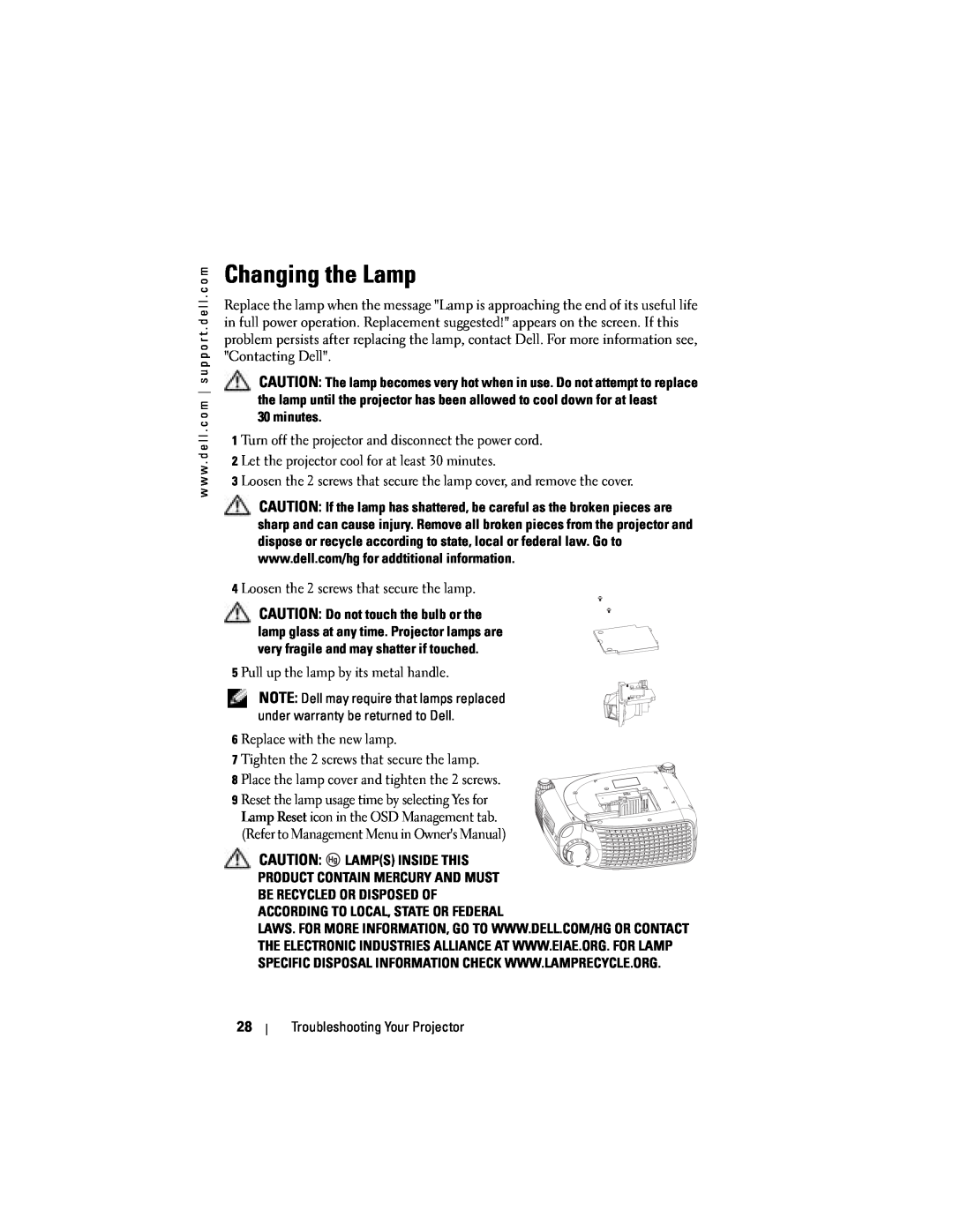 Dell 1200MP owner manual Changing the Lamp, minutes, Troubleshooting Your Projector 