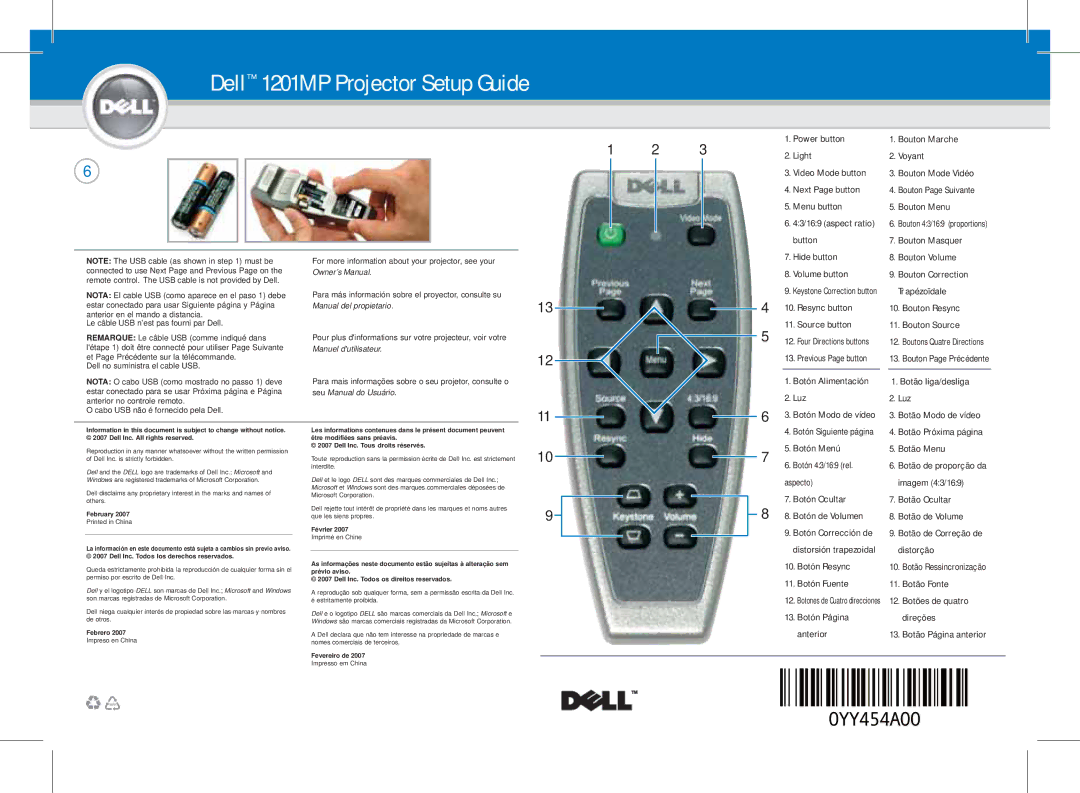 Dell 1201MP setup guide Button Bouton Masquer Hide button Bouton Volume, Volume button Bouton Correction, Trapézoïdale 