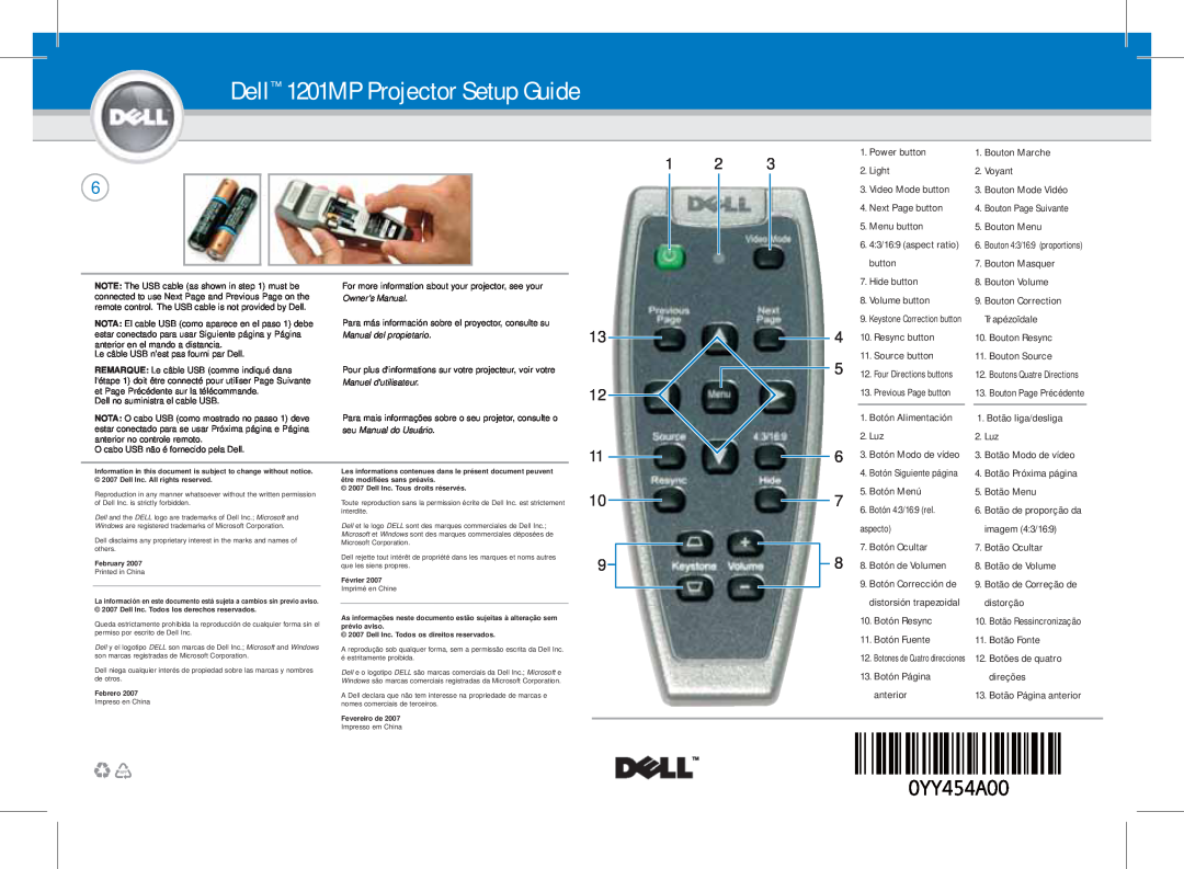 Dell setup guide Dell 1201MP Projector Setup Guide, Le câble USB n’est pas fourni par Dell 